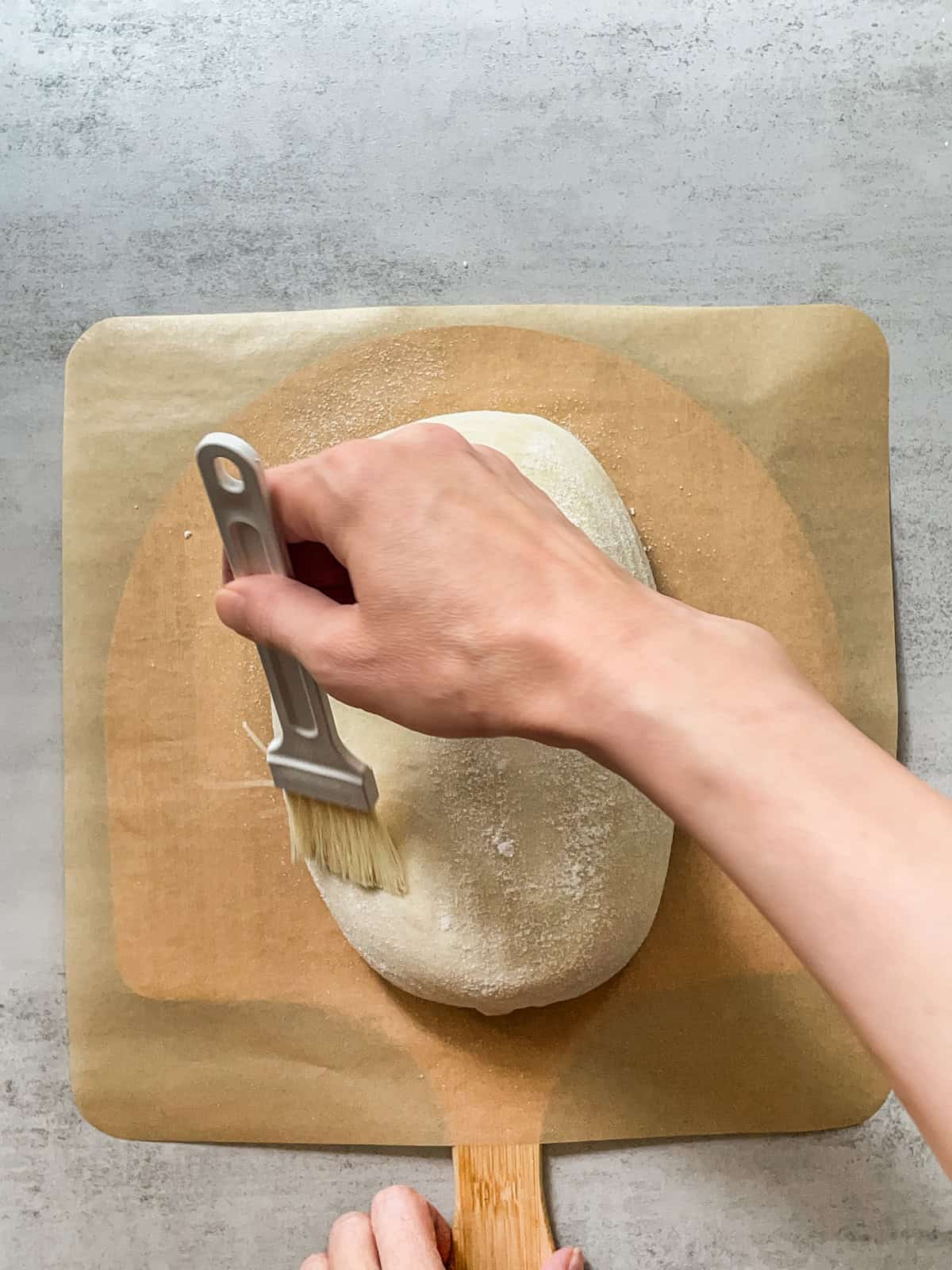 Bread dough on a parchment-lined pizza steel, with a pastry brush in hand.