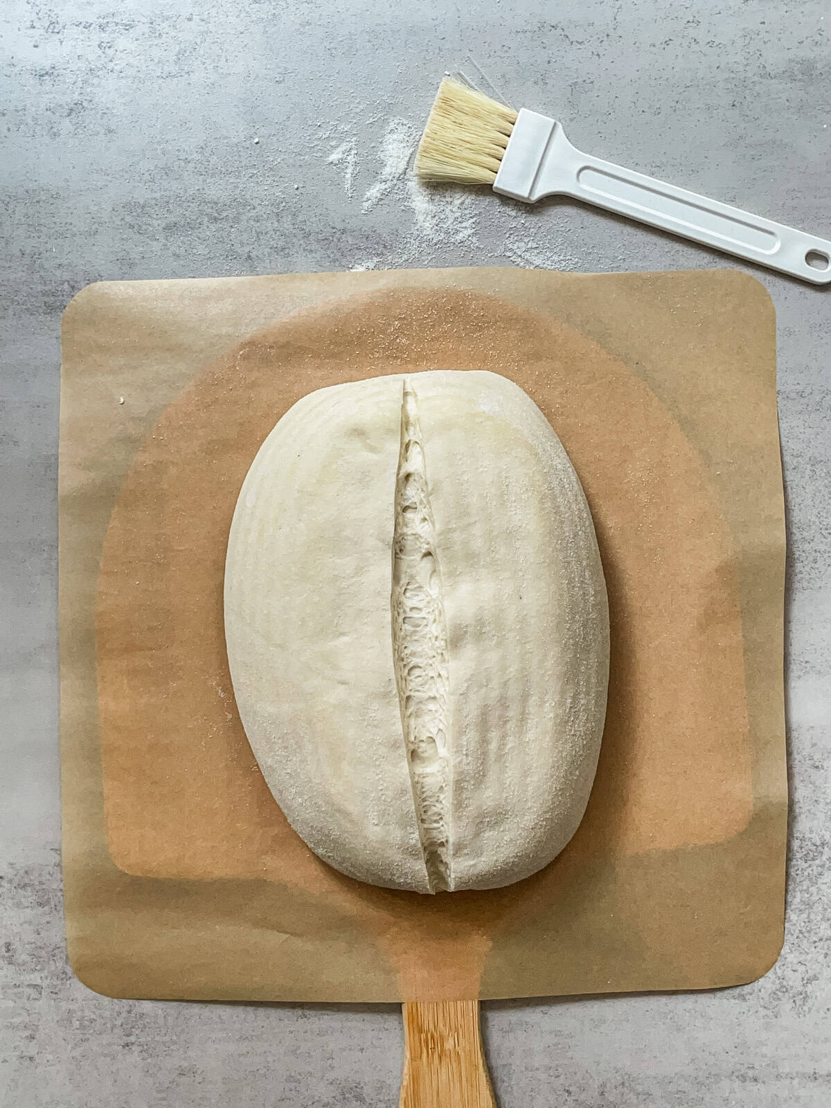 Bread dough with a central slash on a parchment-lined pizza steel.