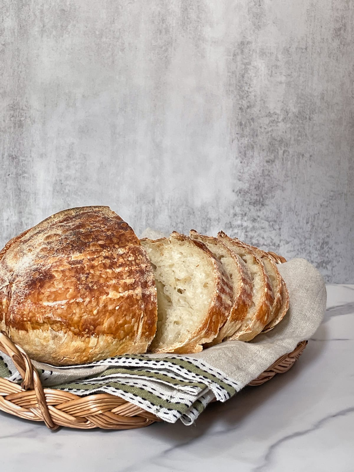 Sliced sourdough bread in a wicker basket lined with a towel.