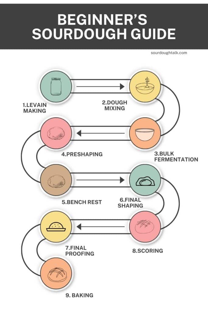 Infographic of the 9 steps of making sourdough bread, from levain to baking.