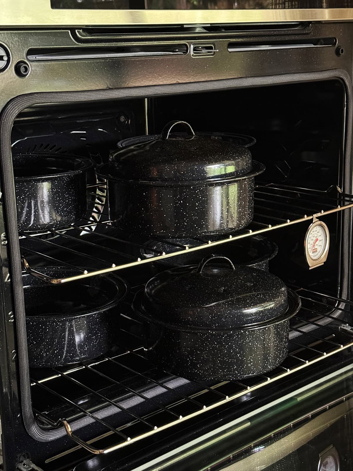 Granite Ware roasting pans in the oven.