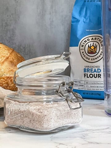 Sourdough bread ingredients (flour, water, salt) with a loaf of bread.