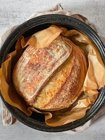 Sourdough bread in a granite ware roaster lined with parchment paper.