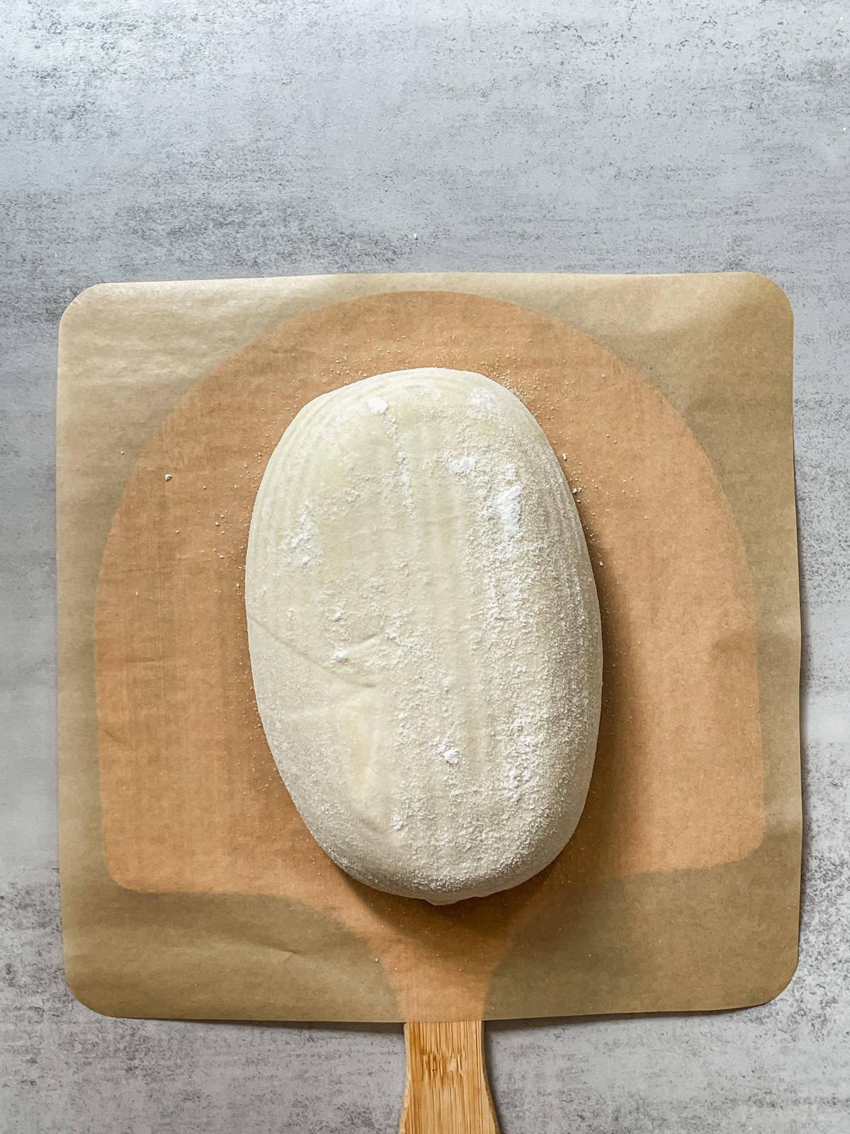 Dough resting on a parchment-lined pizza peel.