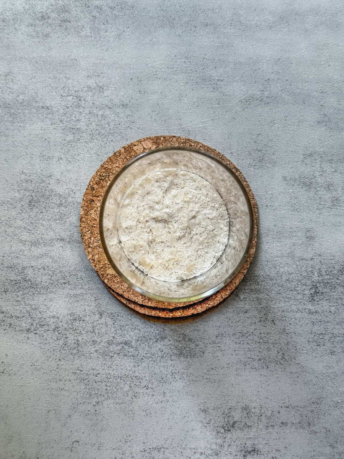 Jar of sourdough starter on day 1 morning, overhead view.