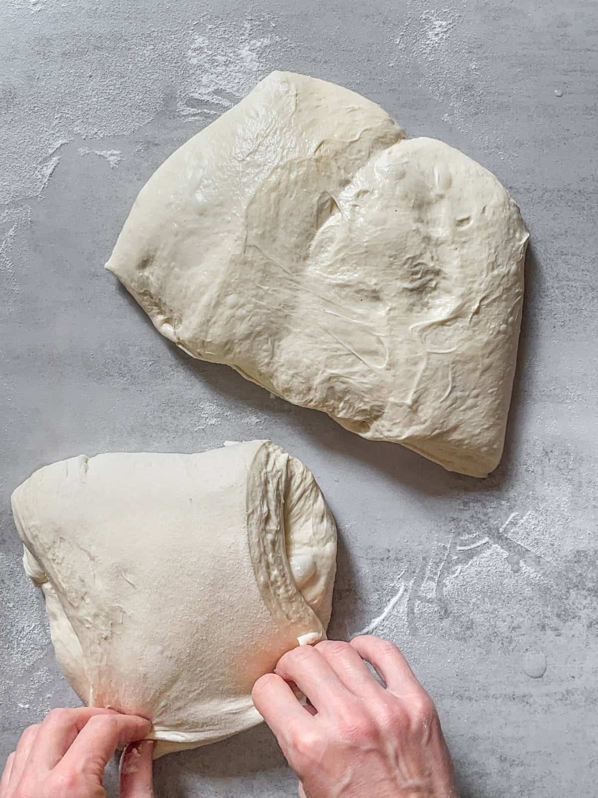 Sourdough dough partially folded and ready for preshaping.