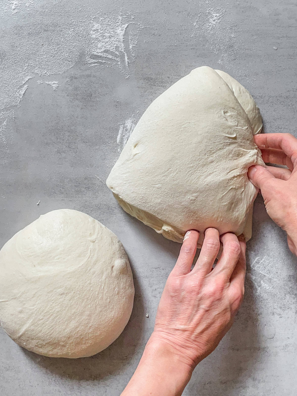 Partially folded sourdough ready for preshaping.