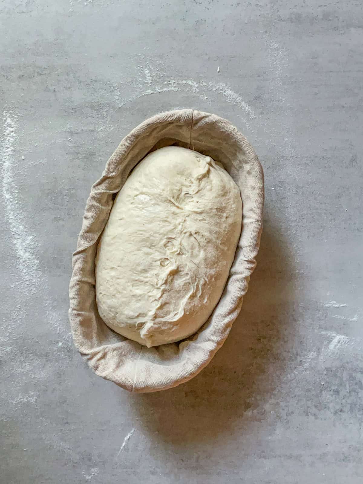 Dough shaped into a batard after top stitching.