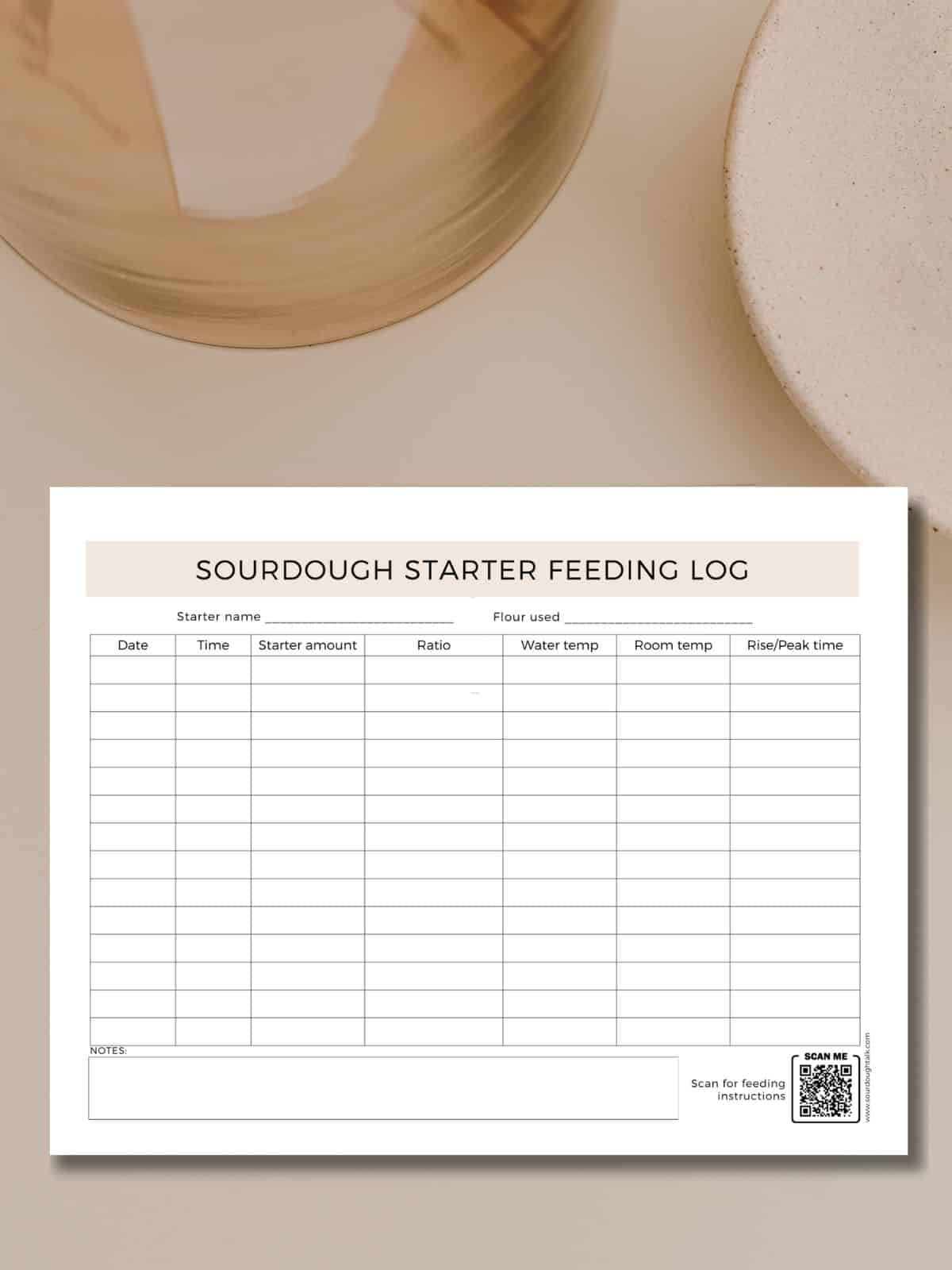Sourdough starter feeding log mockup.