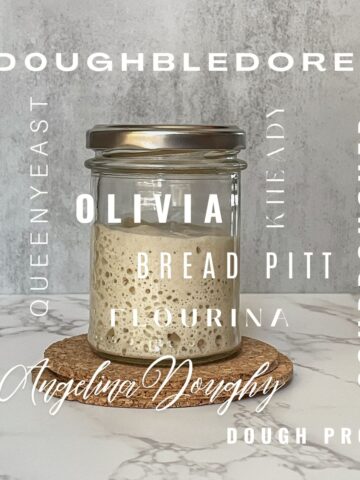 Sourdough starter names overlaid on a picture of a sourdough starter in a jar.