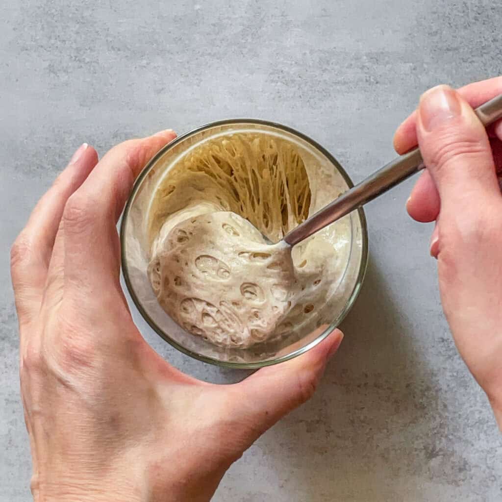 Sourdough starter ready for baking in a jar, showing a honeycomb-like texture.