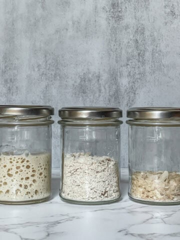 Storing sourdough starter: one jar with regular sourdough starter, one with crumbled starter, and one with dried starter.