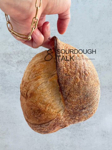 Close-up of a sourdough loaf with a lifted sourdough ear.