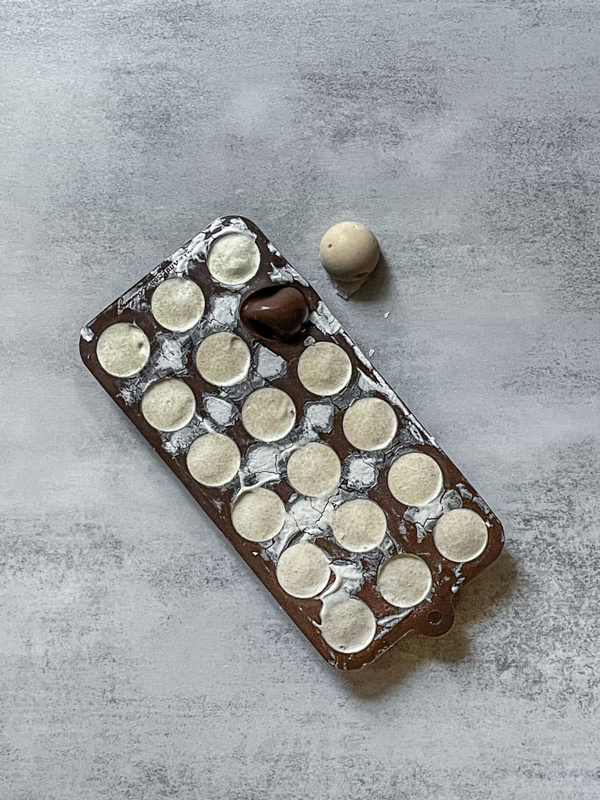 Frozen sourdough starter in silicone mold, some pieces just popped out.