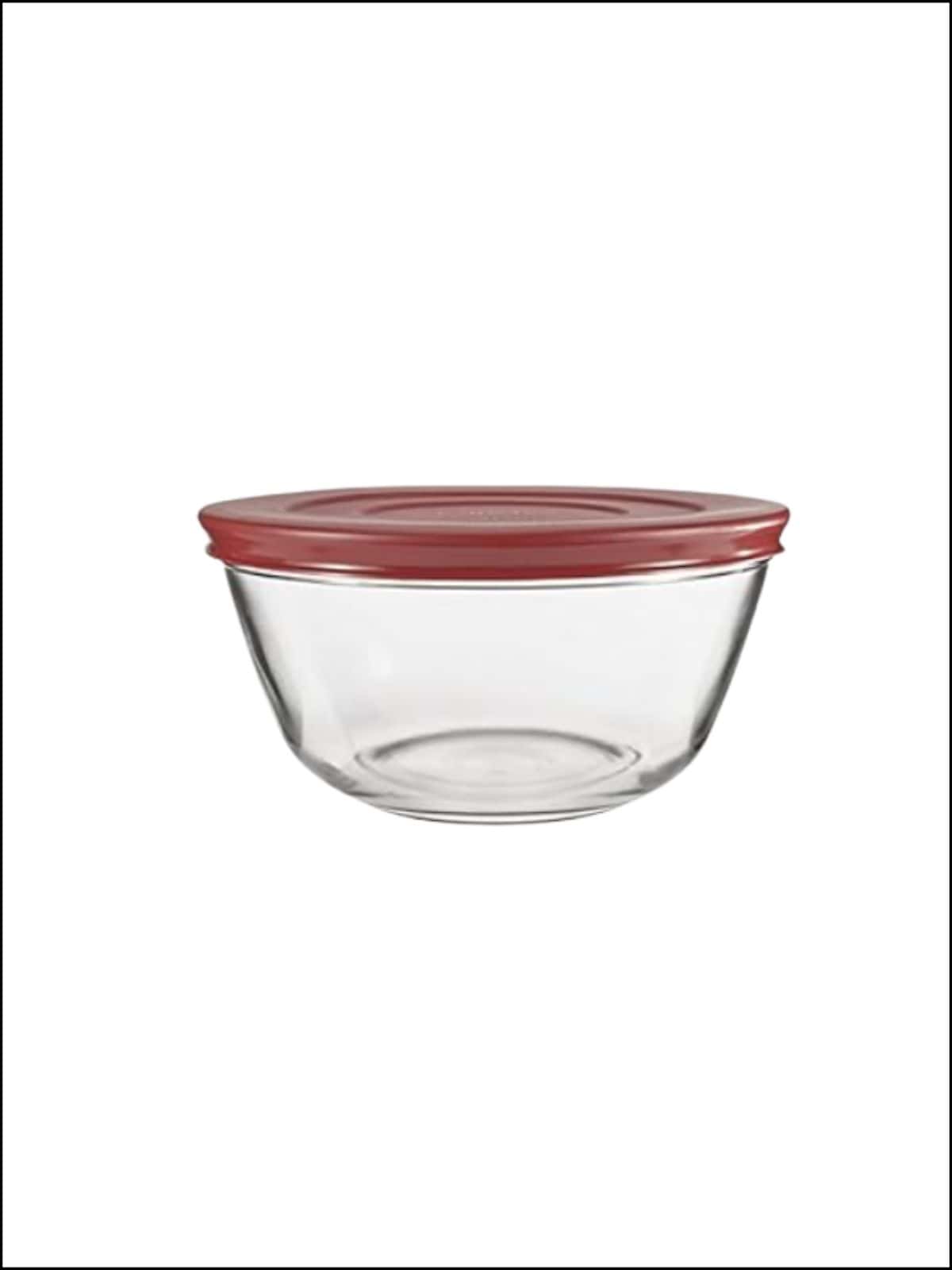Large glass mixing bowl with a lid.