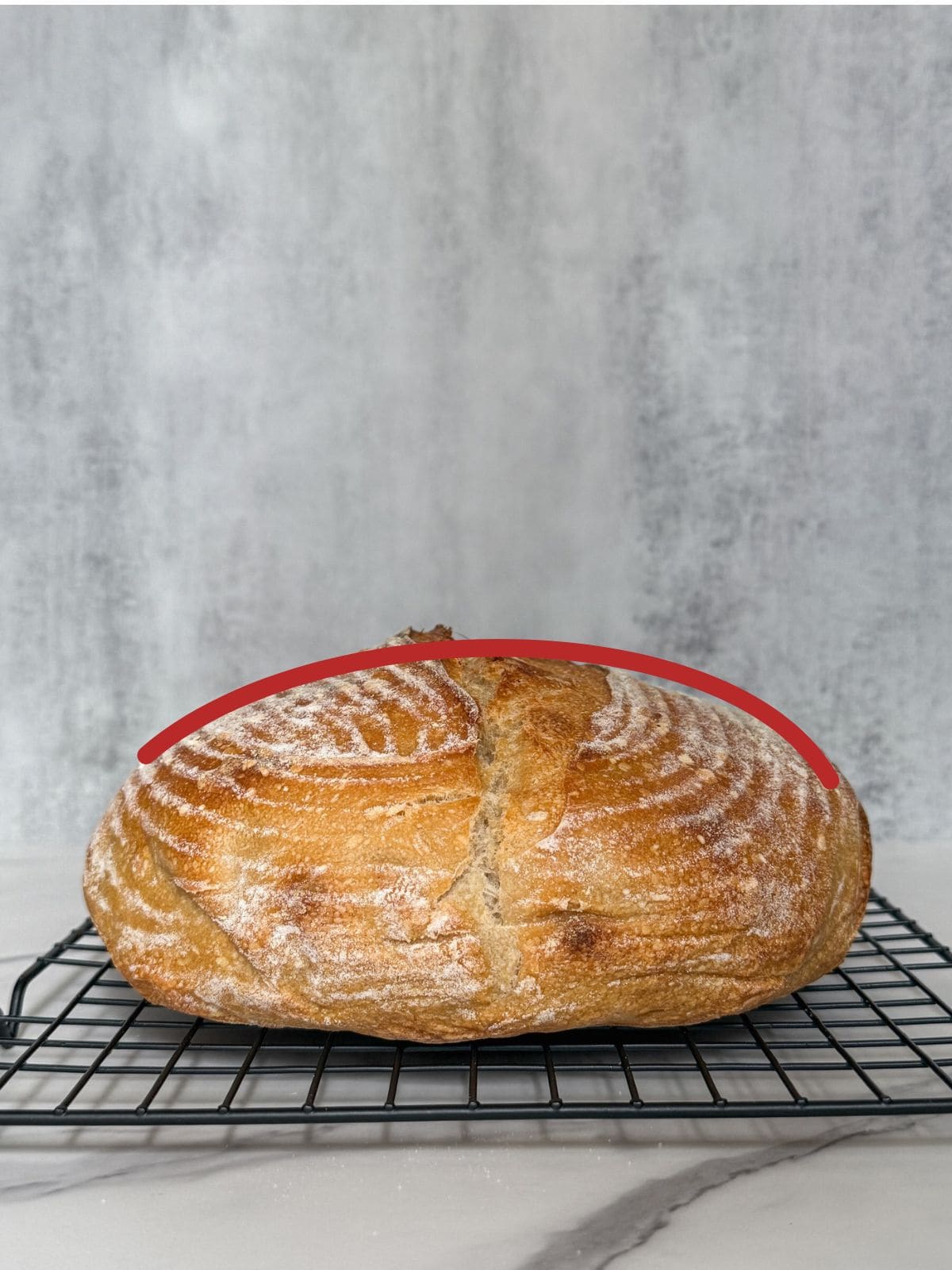 Flat overproofed sourdough bread loaf on a cooling rack.