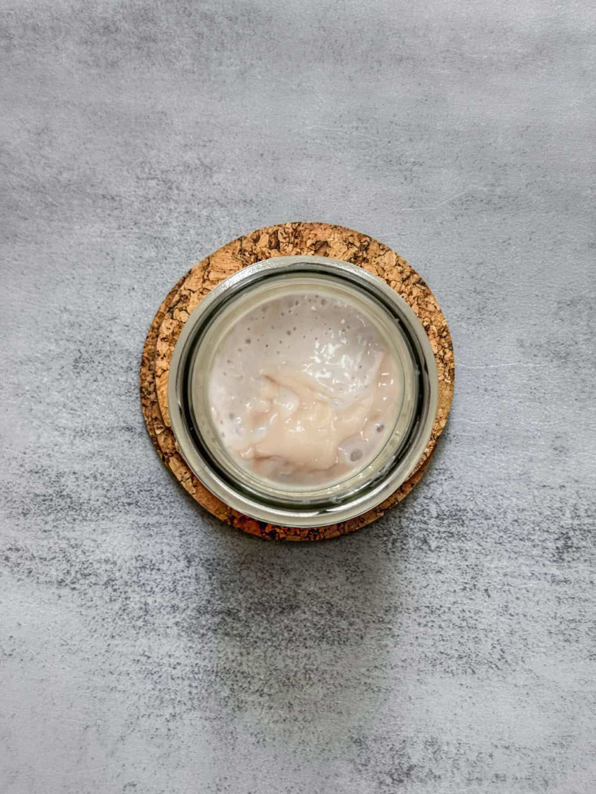 Pink streaks of Serratia marcescens contaminating a sourdough starter.