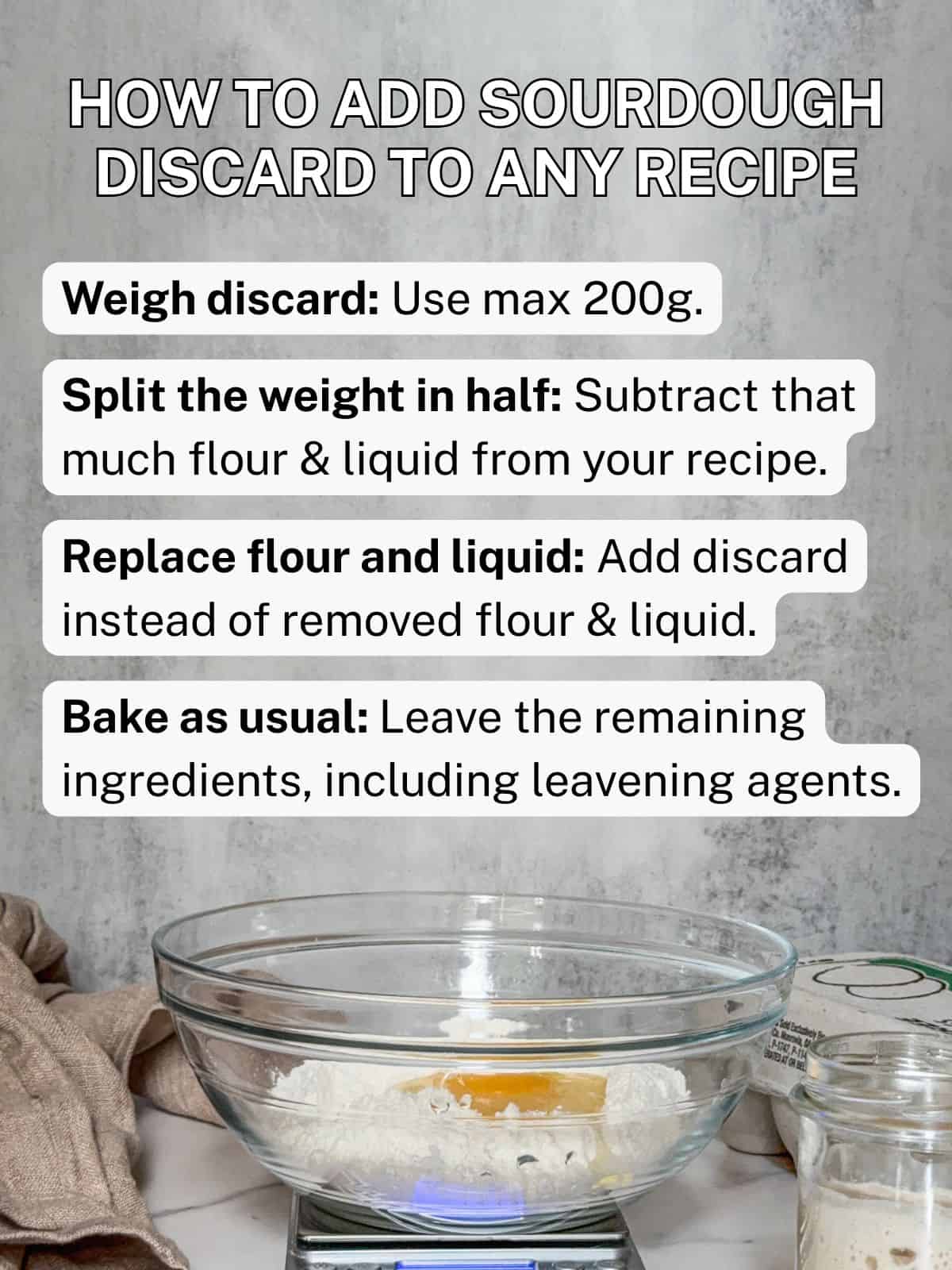 Kitchen scale with a bowl of ingredients and a jar of sourdough starter, with overlying text.
