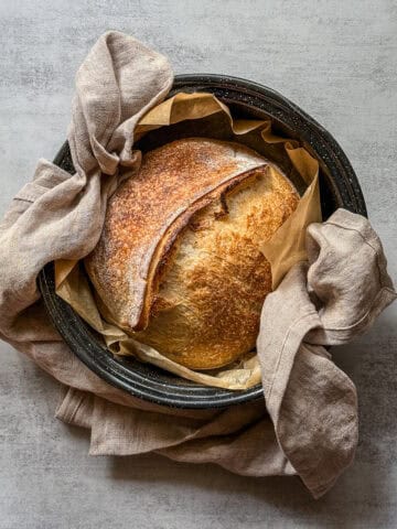 Loaf made with cold bake sourdough method in roaster.