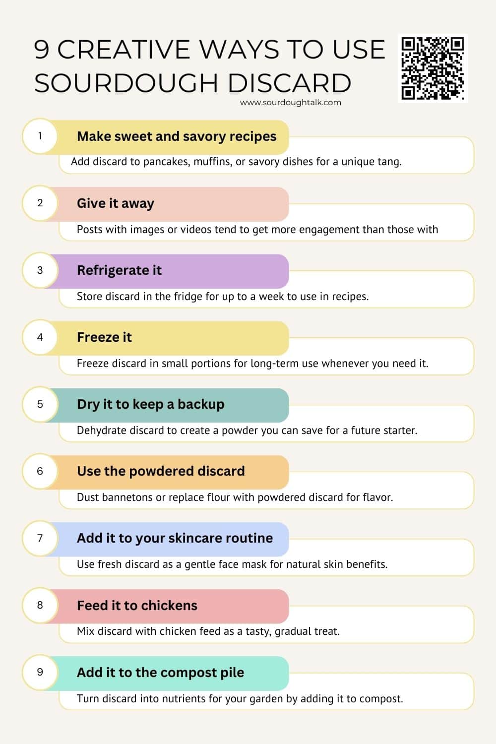 Infographic showing 9 creative ways to use sourdough discard in cooking, baking, and home tasks.