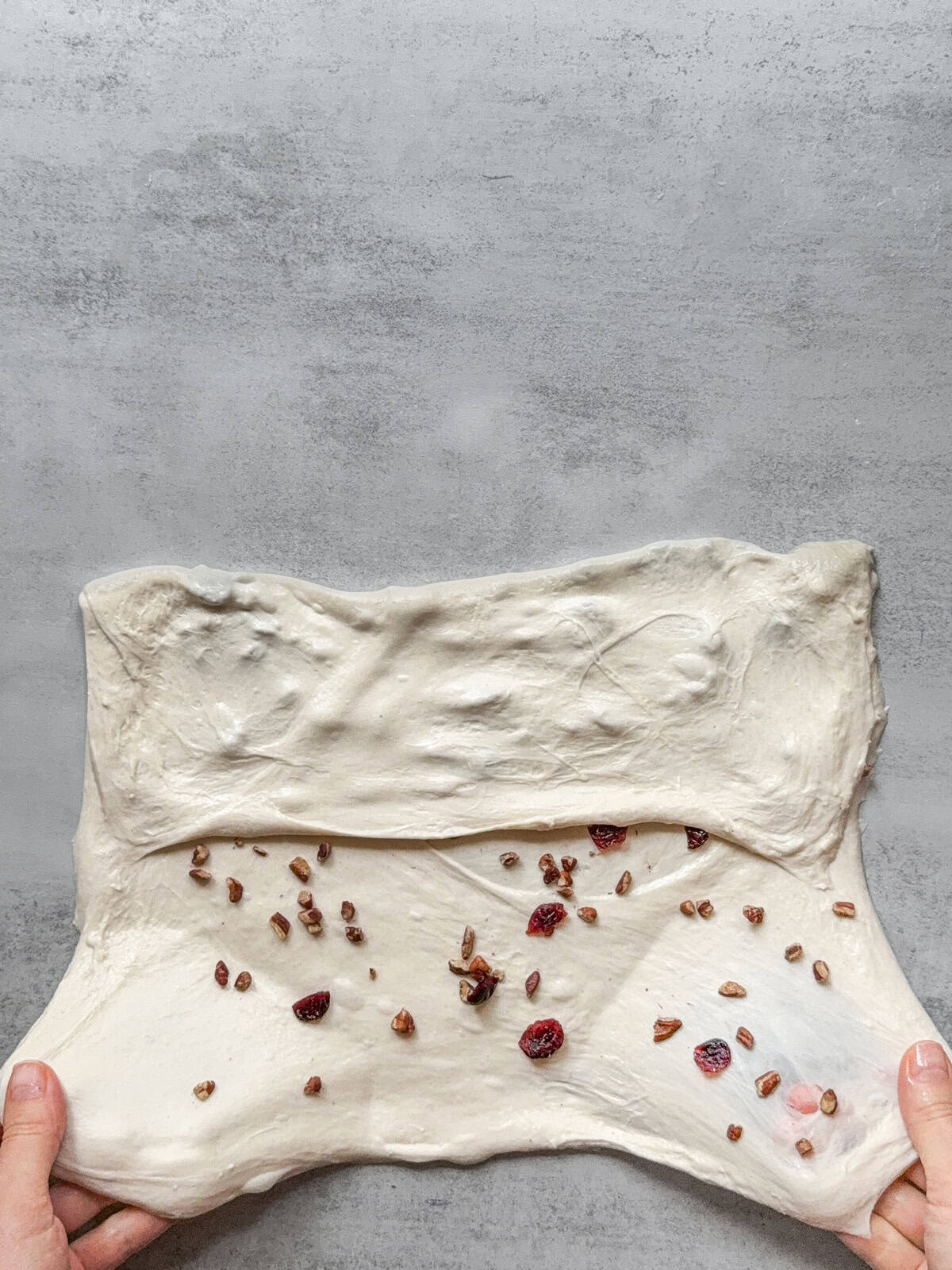 Hands holding the bottom third of the dough with inclusions.
