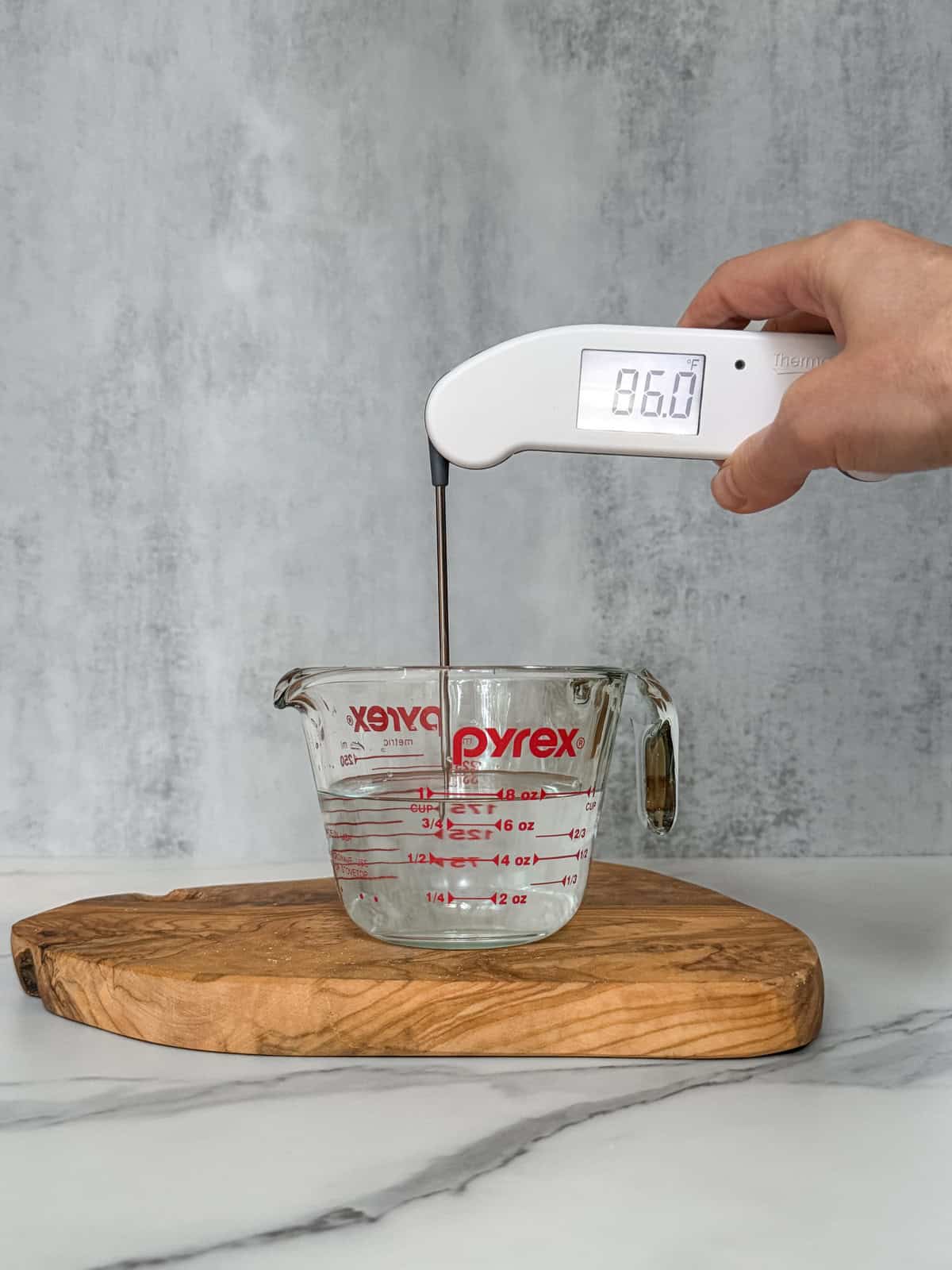 Hand holding a thermometer measuring water temperature.