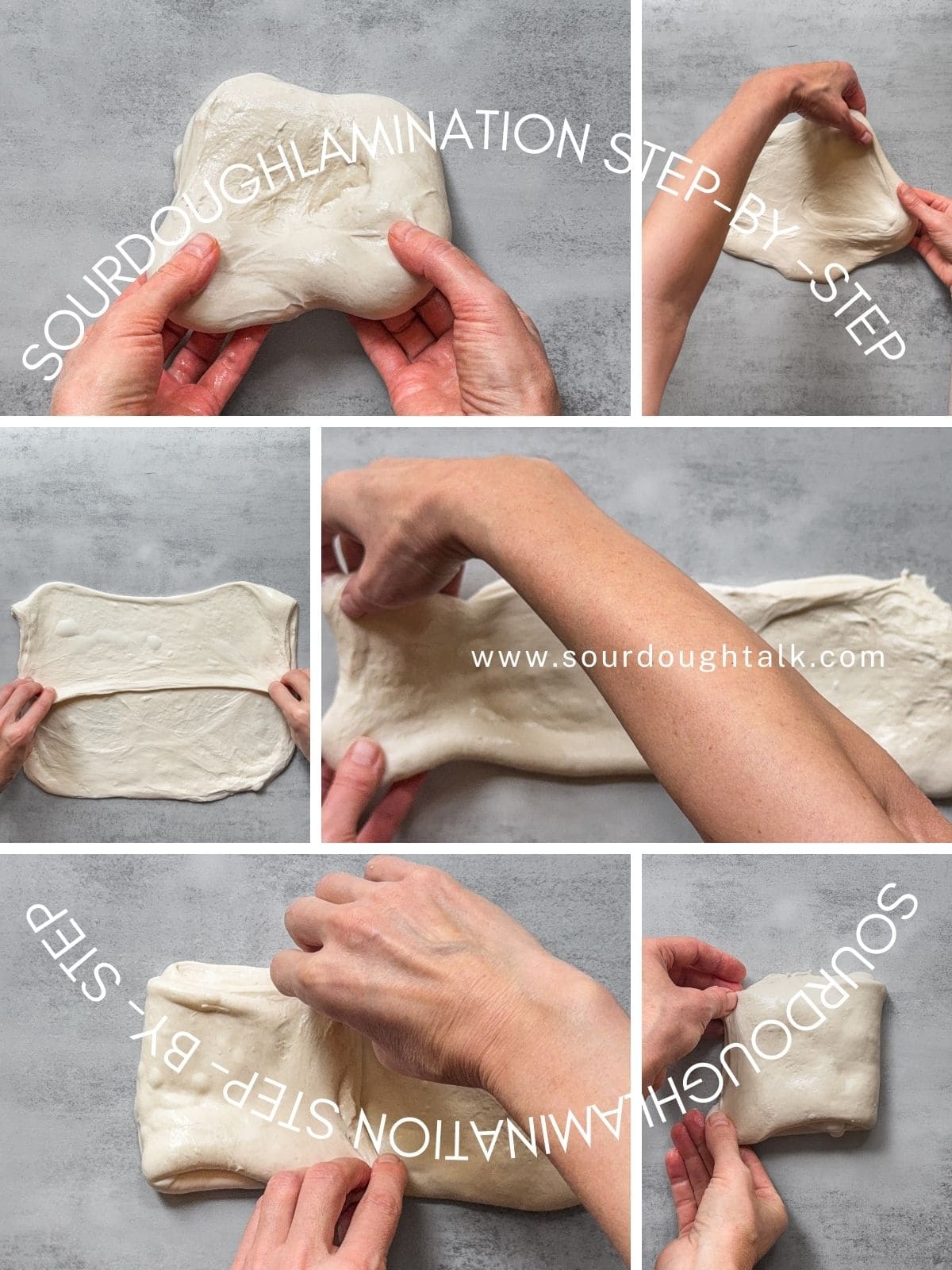Collage showing sourdough lamination step by step.