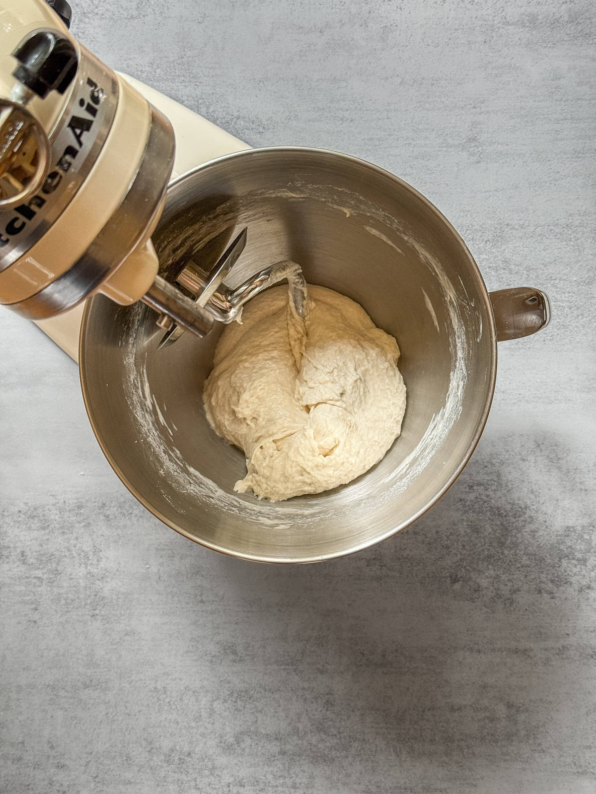 Sourdough resting in stand mixer bowl during short fermentolyse.