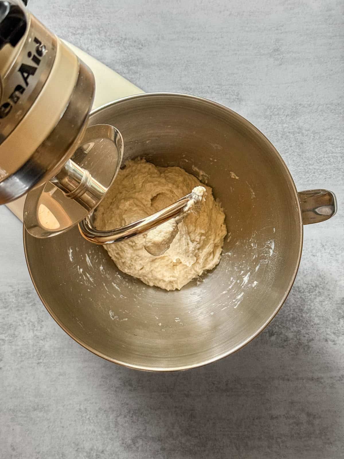 Sourdough dough in a stand mixer bowl after mixing flour and water.