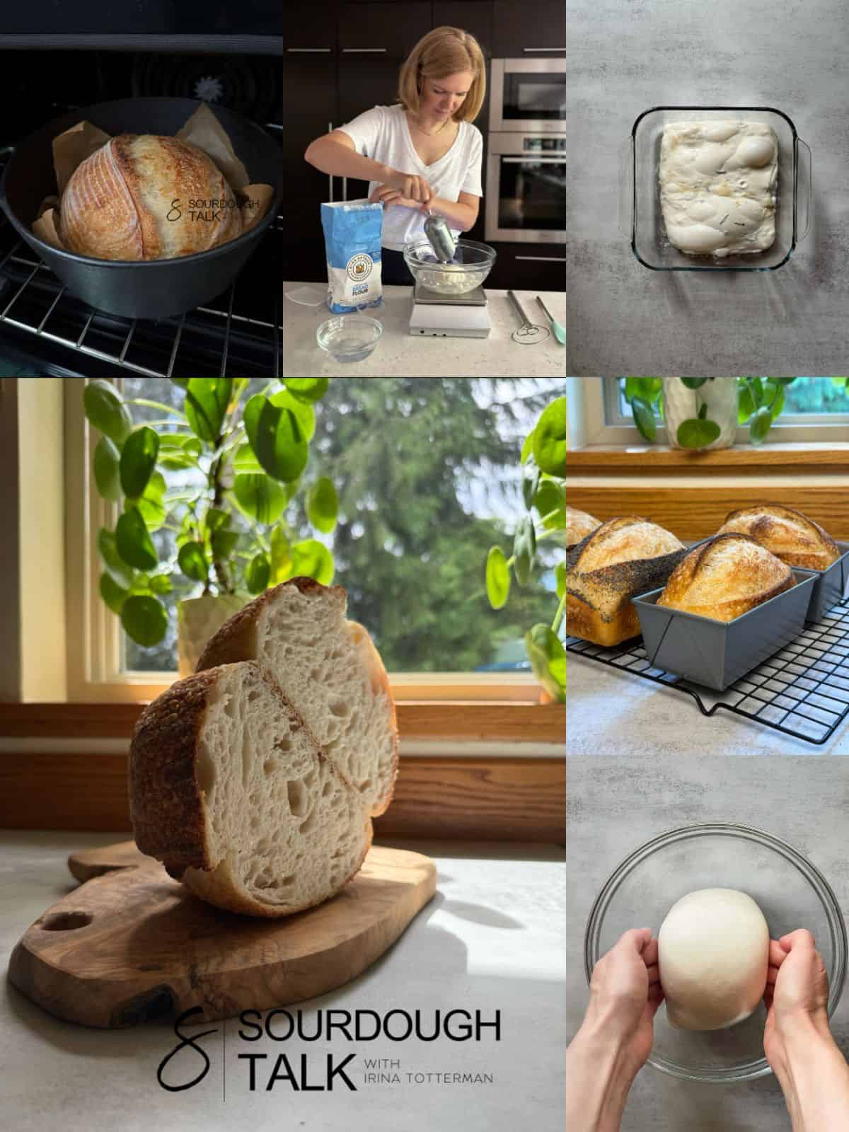 Collage showing Irina's sourdough bread and the step-by-step baking process.